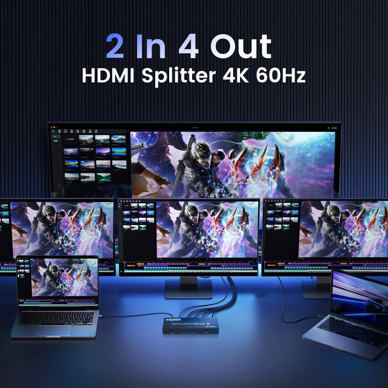 avedio links 4K@60Hz HDMI Switch Splitter 2 in 4 Out with Remote, avedio Links 2x4 HDMI Splitter Switcher 4K with SPDIF & 3.5mm Audio,Support 4K,3D,1080p,HDCP2.2,HDR 10 for PS5/4,Xbox,Fire Stick,etc - Image 2